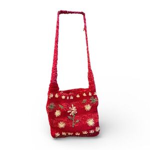 Hand-knit Crochet Granny Core Floral Red Green White Embroidered Crossbody Bag
